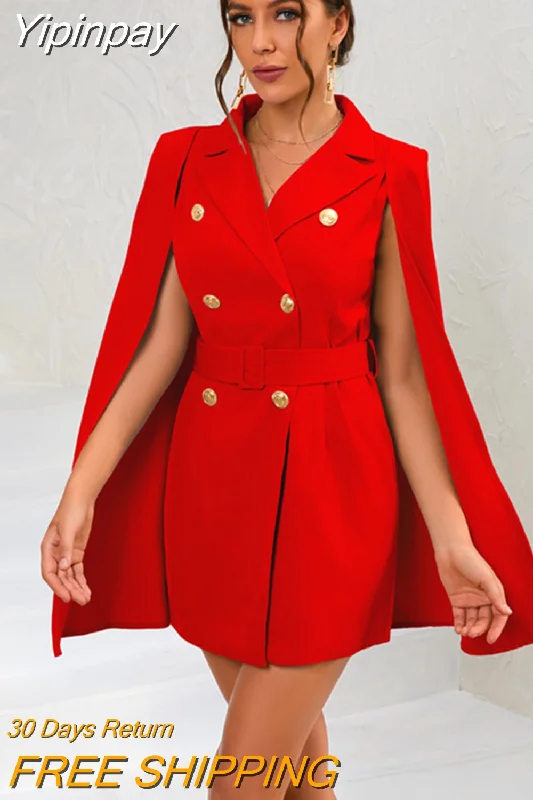 Yipinpay Blazer Dress High Street Club Party Dresses Double Breasted Cloak Dress with Belt Fashion notched Dresses Women 2023 Autumn Tunics Fall fleece