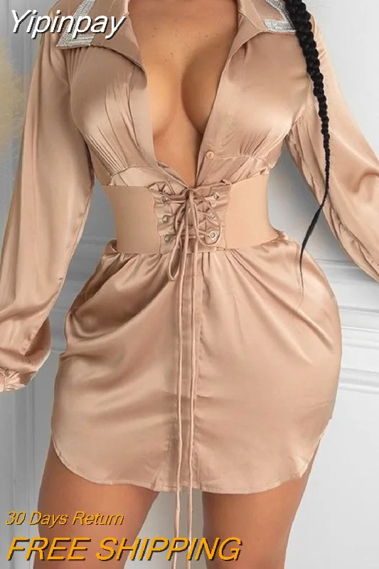 Yipinpay Women Studded Button Front Long Sleeve Satin Shirt Dress Party Dress  Sexy Dress for Women Tunics Denim casual