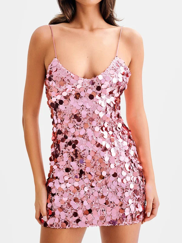 Glitz & Bliss Pink Sequin Mini Party Dress | Pink Sparkly Dress | Shift Glitter Dress | Cocktail Dresses Cowl Neckline Elegant
