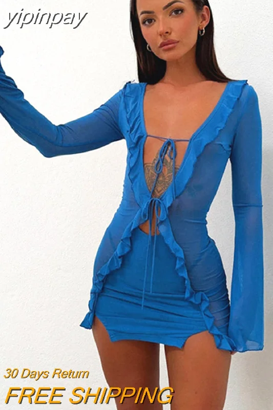 yipinpay Sexy Mesh Long Sleeve Women Blue 2023 Bodycon V Neck Party Dress Summer Outfits Ruffles Night Club Mini Dress See Through Peplum Ruffle Cocktail