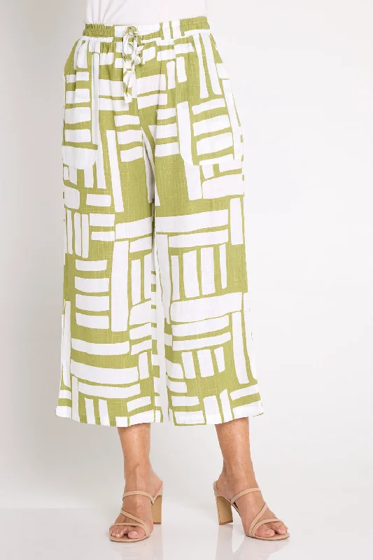 Aiko Linen Pants - White/Olive Midcentury Trendy High-Waist Trousers