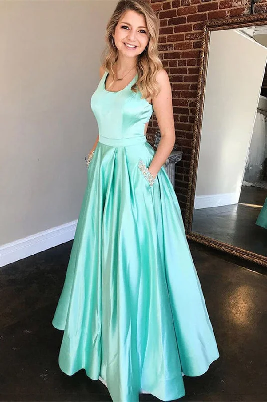 Mint Green Satin A-line Long Prom Dresses, Evening Dress With Pockets,party dress Tunics Evening elegant