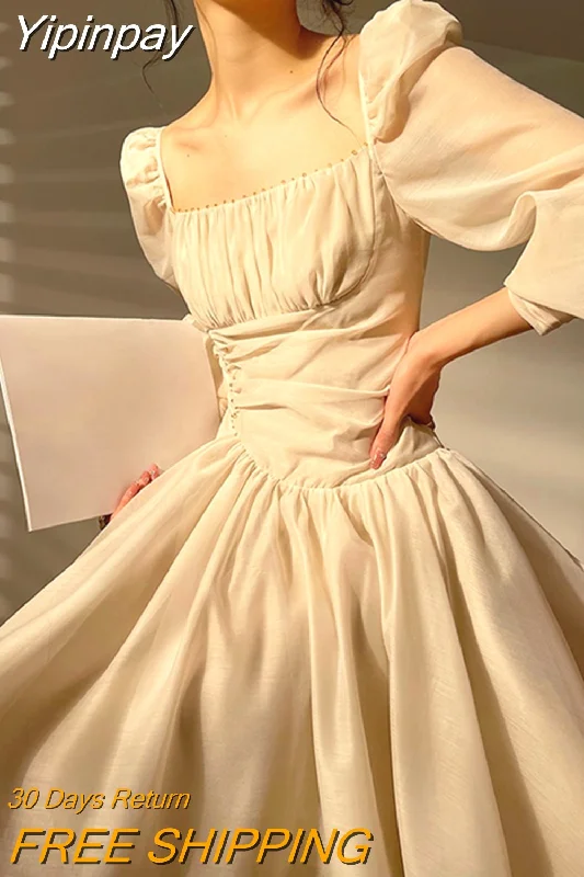 Yipinpay Summer Pure Color Elegant Mini Dress Woman Casual Long Sleeve Short Party Dress Beach Style Korea Fashion Dress Office Lady Tunics Summer linen