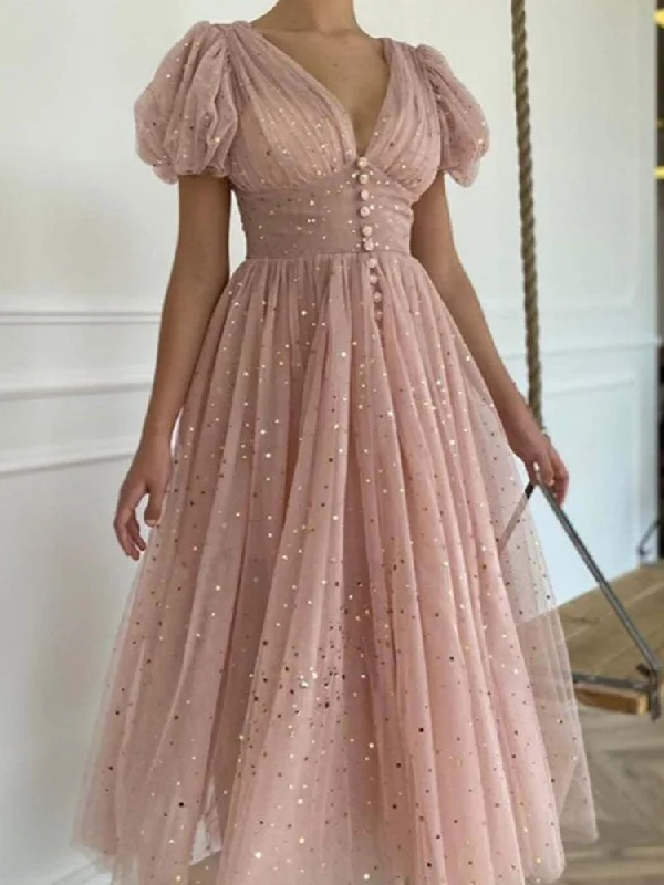 Sexy V Neck Shiny Mesh Puff Sleeve Dress Elegant Summer Waist Slit Slim Party Dress Women Fashion Solid Chic Pleated Long Dress empire Waist empire