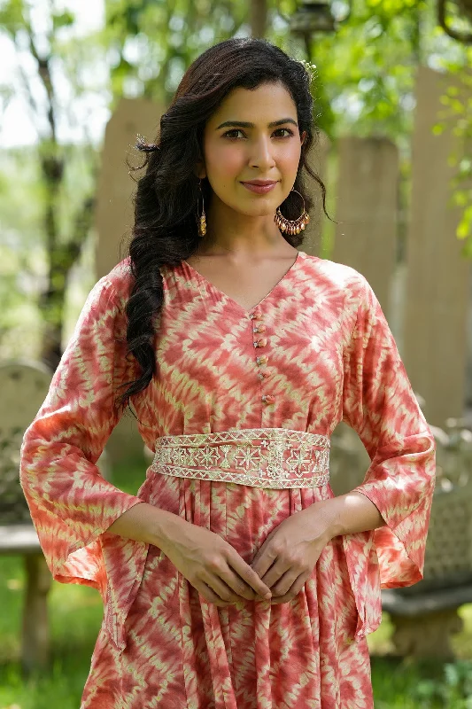Peach & Off White Printed Dress empire Waist empire