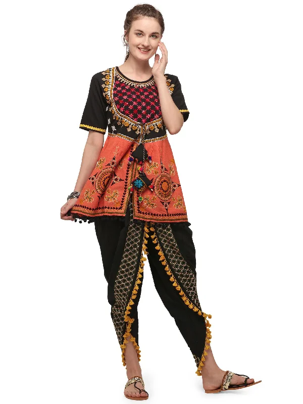 Black maharani yoke embroidered colorful kedia with black tulip pant (MF1510) Soft Stretch Leggings