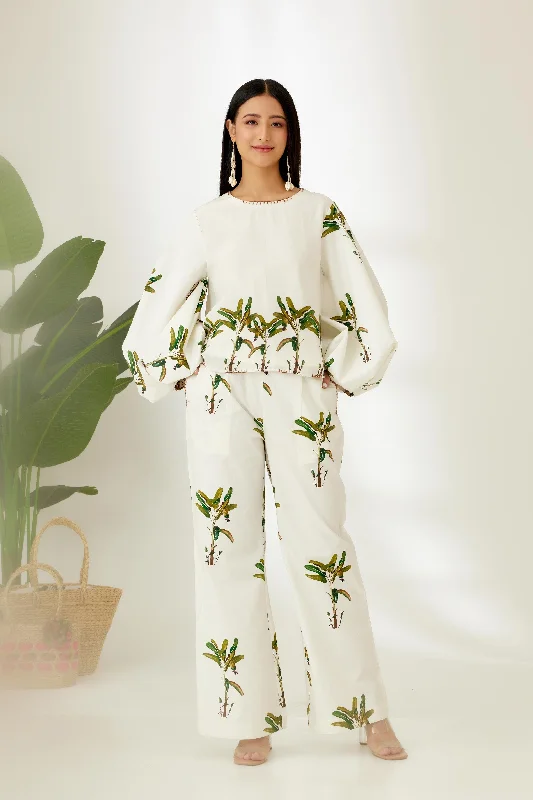 Off-White Hand painted Banana Tree Print Pant Soft Cotton Pants