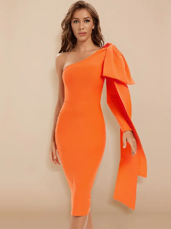 Pbong  mid size graduation outfit romantic style teen swag clean girl ideas 90s latina aestheticBodycon Women Dress  Sexy One Shoulder Long Sleeve Orange Black Blue Bow-Knot Wedding Evening Party Dresses Vestido Tunics Plaid country