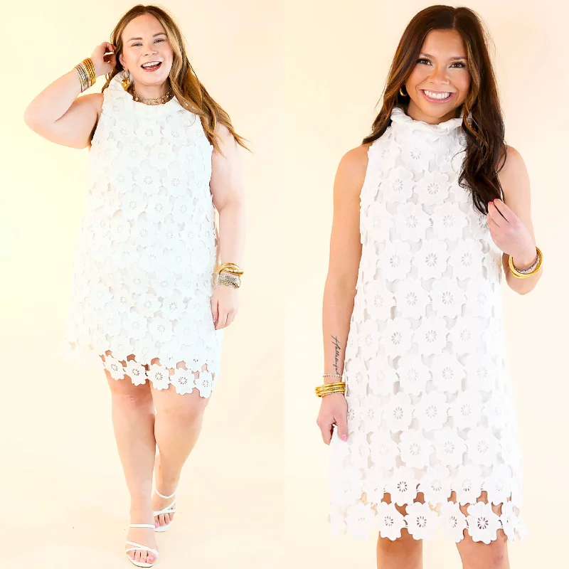 Dressed to Impress Lace Dress with Ruffled Mock Neck in Off White Tunics Fashionable trendy