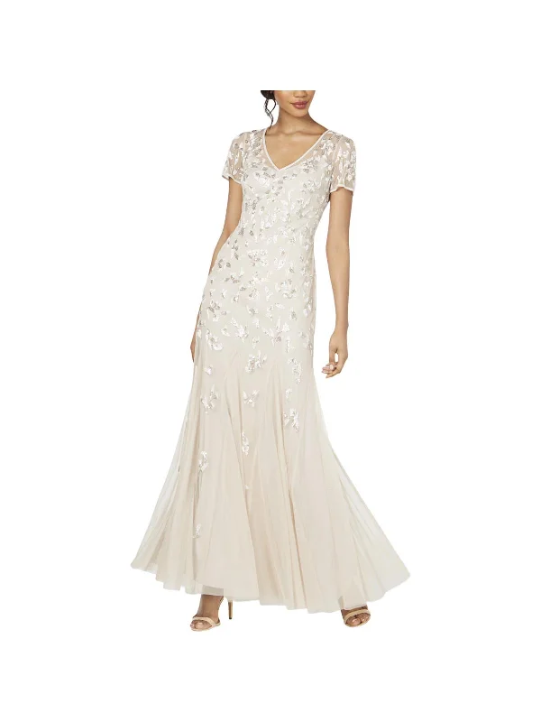 Womens Beaded V-Neck Evening Dress Tunics Wedding white