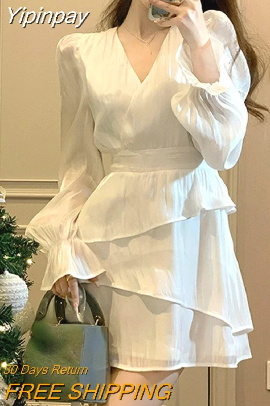 Yipinpay Long Sleeve Y2k Mini Dress Woman Design Korean Style Short Party Dress Casual 2023 Spring Office Lady French Elegant Dress Tunics Versatile stylish