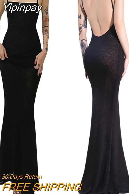 Yipinpay Women See Through Bodycon Long Dresses Summer Clothes 2023 Sling Backless Mesh Clothing Evening Party Dress Sexy Club Streetwear Cowl Neckline Elegant