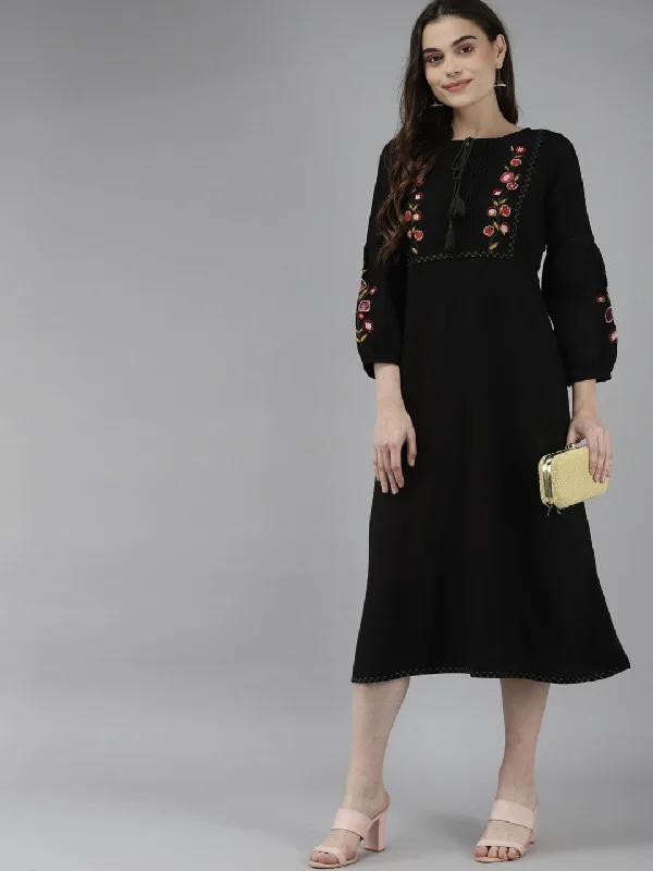 Black Cotton Embroidered Dress Halter Neckline Beach