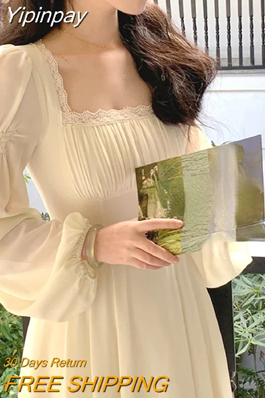 Yipinpay Elegant Solid Midi Dress Woman Fairy One Piece Dress Korea Fashion 2023 Summer Long Sleeve Even Party Dress Casual Female Tunics Print Colorful