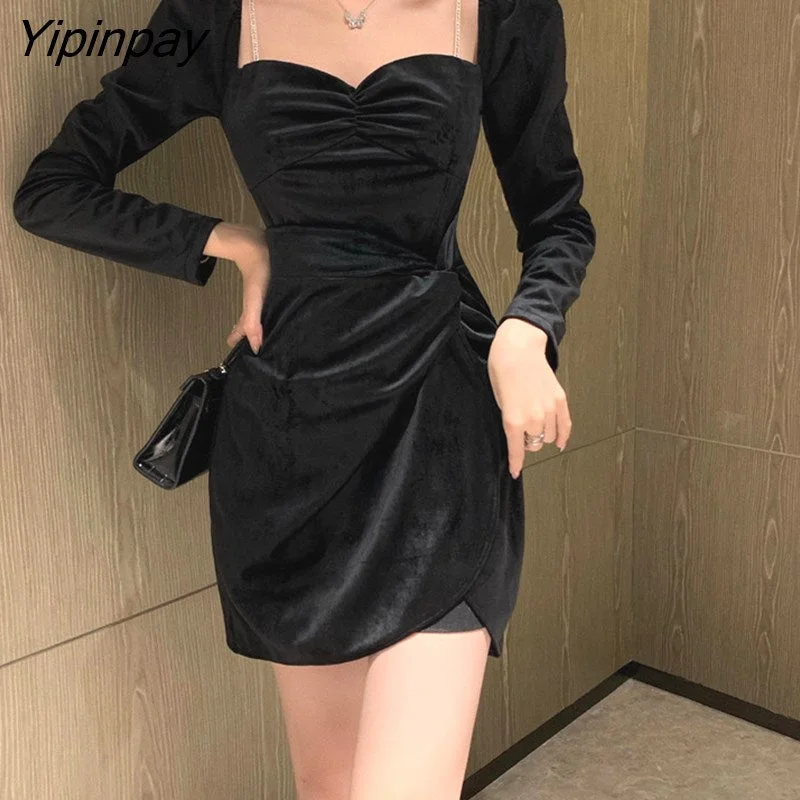 Yipinpay New Black Dress Women Elegant Sweet Split Mini Dress Female High Street Casual Bandage Designer Korean Party Dress Sequined Elegant Party