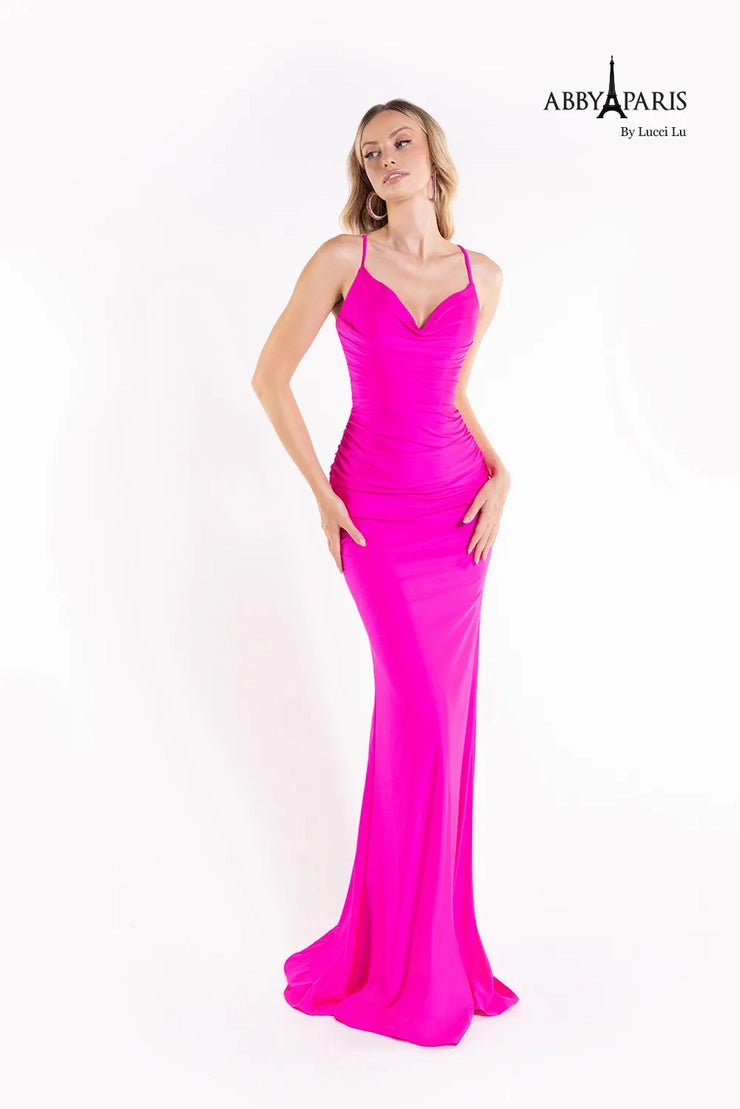 Abby Paris 90173 Fit And Flare Prom Dress Cowl Neckline Lace Up Back Train Long Tunics Party sparkling