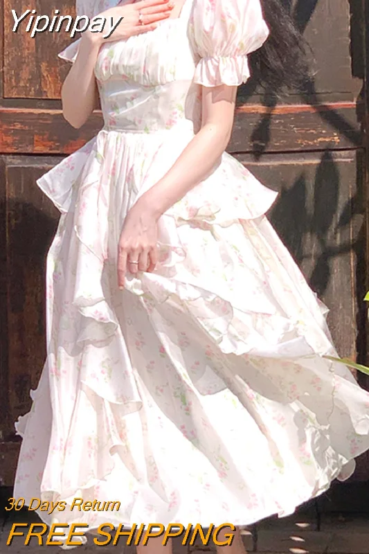 Yipinpay Floral Midi Dress Elegant Woman Short Sleeve Vintage Party Dress Office Lady 2023 Summer One Piece Dress Korean Chic Tunics Seasonal trendy
