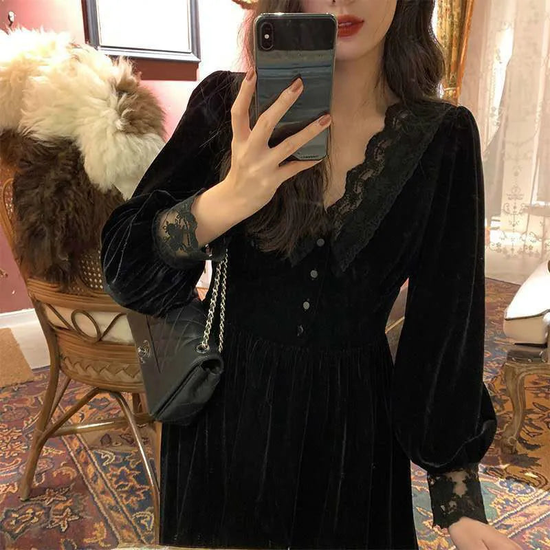 Yipinpay Vintage Dress Women Lace Velvet Black Elegant Party Dress Female Autumn 2024 High Waist Long Sleeve Midi Gothic Dress Turtleneck Neckline Stylish Yipinpay Vintage Dress Women Lace Velvet Black Elegant Party Dress Female Autumn 2024 High Waist Long Sleeve Midi Gothic Dress Turtleneck Neckline Stylish