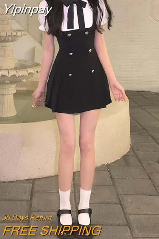 Yipinpay Mini Fake Two Dress Puff Sleeve 2023 Summer French Elegant Short Party Dress Woman Casual Korea Fashion Vintage Dress Slim Tunics Travel practical