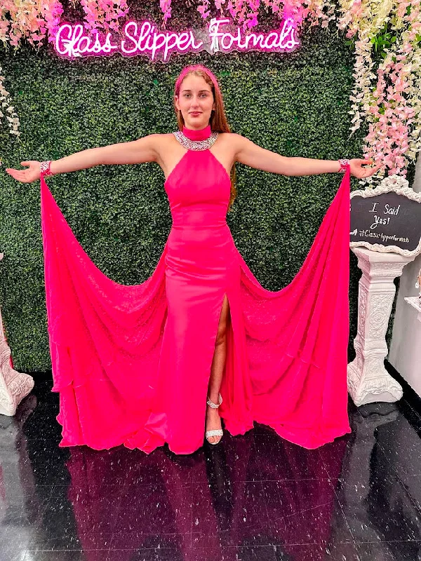 Johnathan Kayne 2617 Size 4 Fuchsia AB Long slit formal dress Crystal Cuff Cape Pageant Gown Formal Wear Tunics Custom made