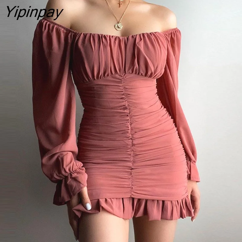 Yipinpay Women Dress Off Shoulder Ruched Bell Sleeve Ruffles Mini Bodycon Dress Sexy Party Dress Tunics Formal black