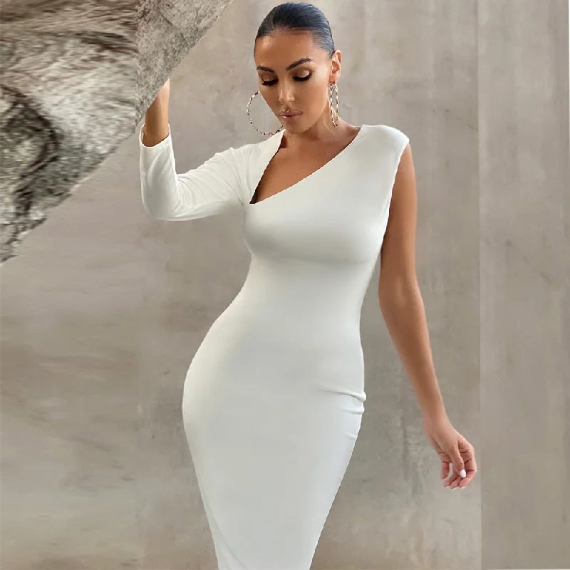 One Shoulder Midi Bandage Dress Christmas New Year White Bandage Dress Bodycon Women Sexy Party Dress Evening Outfits Tunics Satin smooth