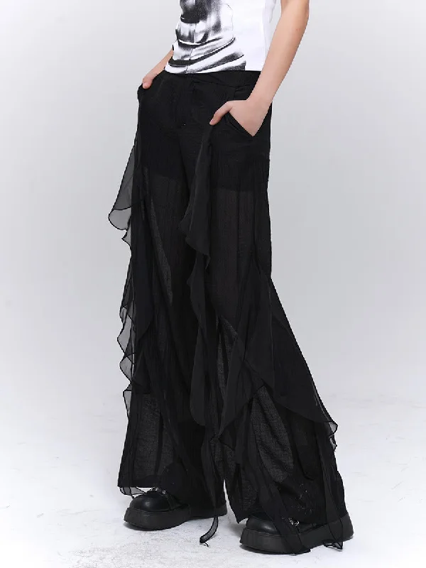 Ruffle Tulle Design See-through Loose Pants LAD0071 Soft Stretch Trousers