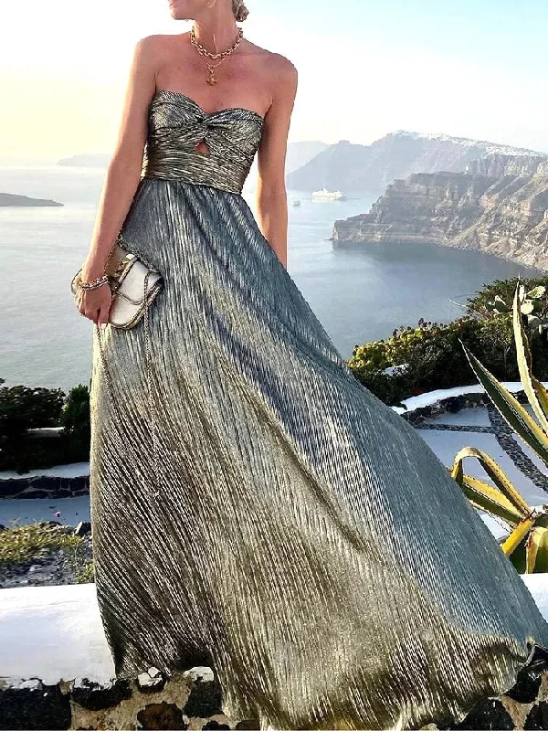 Sexy Twist Strapless Hollow Out Long Dress Women Boho Elegant Bronzing Evening Dress Fashion Sleeveless A-Line Party Dress Halter Neckline Beach
