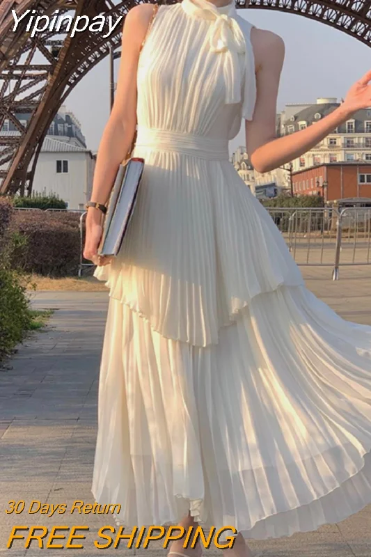 Yipinpay Sleeveless Midi Dress Woman Korea Fashion Vintage Party Dress Office Lady 2023 Summer Casual Pure Color Fairy Dress Chic Tunics Distressed trendy