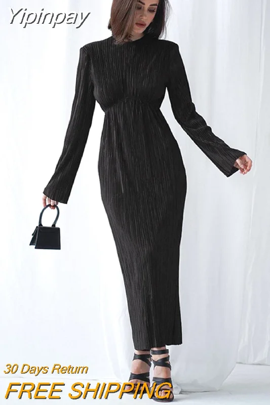 Yipinpay Luxury Elegant Dress Women Pleated Spring Party Dress Lady Slim Long Sleeve Midi Dress Evening 2023 Robe Hollow Out Tunics Essential wardrobe
