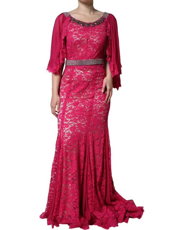 Dolce & Gabbana Pink Lace Crystal Sheath Long Gown Dress Tunics Trendy modern