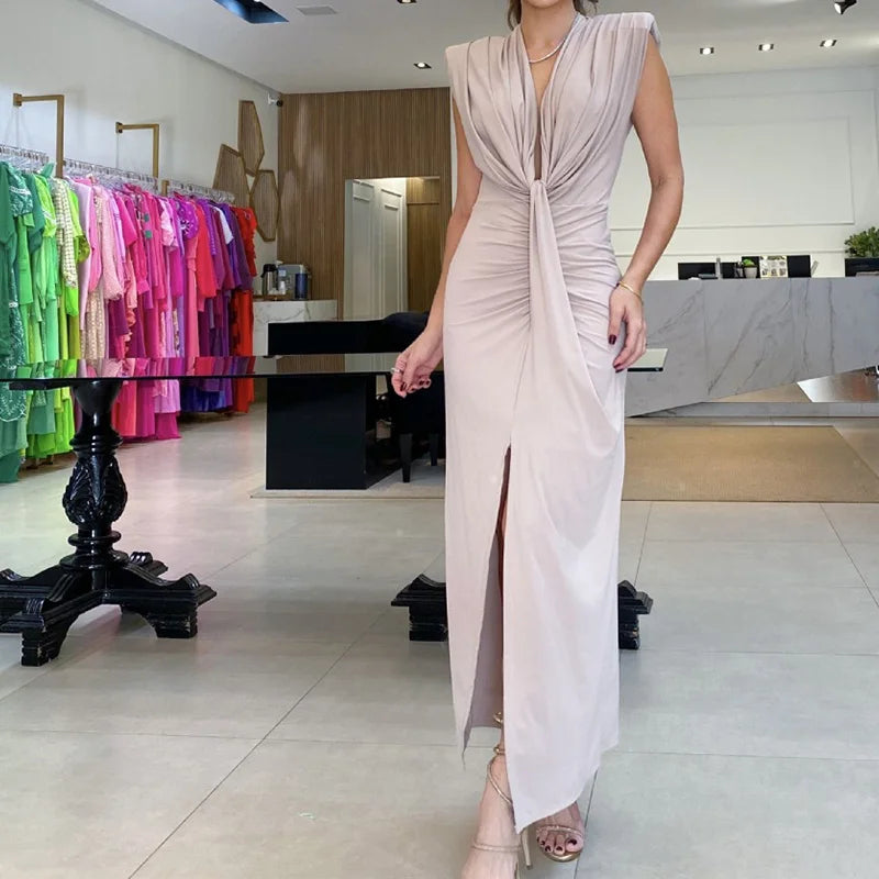 Bonnyshow  Sexy Deep V Neck Pleated Split Party Dress Elegant Sleeveless Solid Color Hip Wrap Dress Women High Waist Temperament Long Dress Tunics Custom made