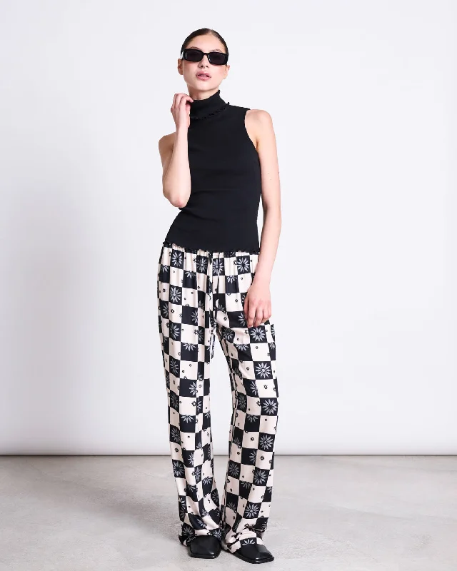 MID RISE LOOSE PANTS STRATH FLORAL SQUARE PRINT Chic Wool Trousers