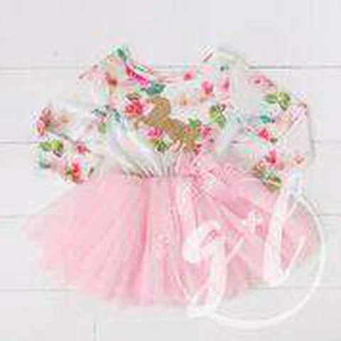 Pink Floral Long Sleeve Tutu Party Dress with Gold Prancing Unicorn Off-the-shoulder Bohemian Festive