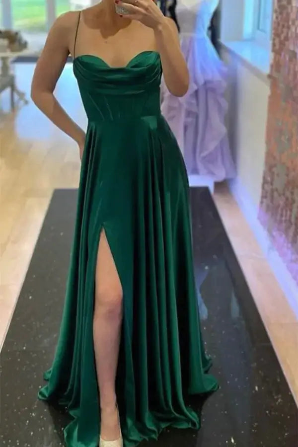 Green Prom Dresses Long,Split Satin Party Dresses for women,Graduation Dress Tunics Seasonal trendy