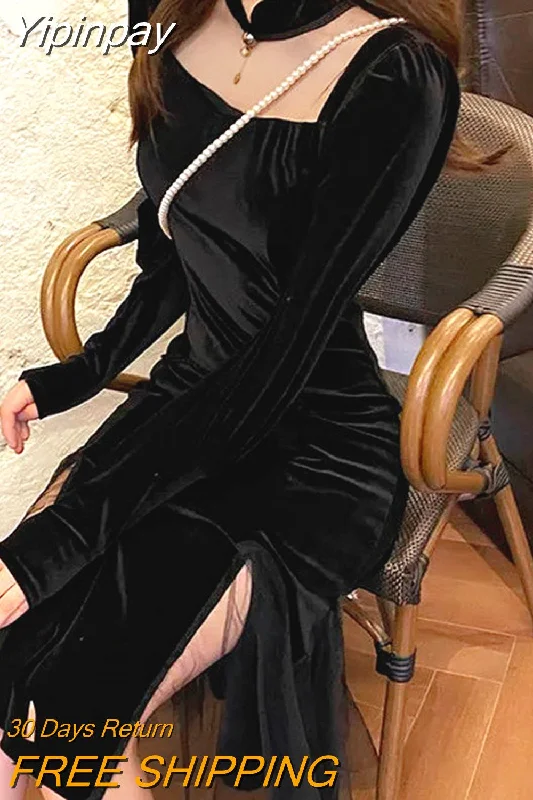 Yipinpay Vintage Black Dress Women 2023 Spring Long Sleeve Slim Evening Party Dress Female Gothic One Piece Dress Koran Winter Tunics Stylish elegant