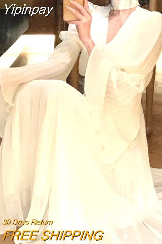 Yipinpay Pure Color Midi Dress Woman French Elegant Evening Party Dress Long Sleeve 2023 Spring One Piece Dress Korea Fashion Chic Glittery Long Formal