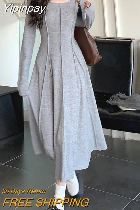 Yipinpay One Piece Dress Korean Fashion 2023 Autumn Basic Long Sleeve Casual Midi Dress Pure Color Even Party Dress Female Chic Tunics Office stylish