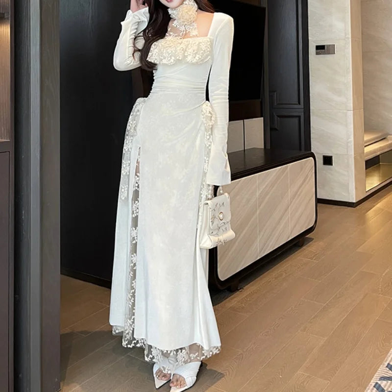 Cinessd Christmas Gift Outfit  Elegant Party Dress Women Lace Ruffles Square Collar Slit Autumn Spring Vintage Y2K Slim Prom Robe Wedding Vestidos Muier New Tunics Exclusive limited
