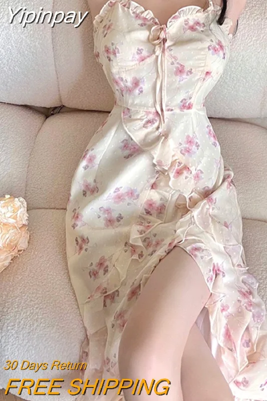 Yipinpay Strap One Piece Dress Korea Fashion Casual 2023 Summer Elegant Sleeveless Midi Dress Sundress Beach Style Party Dress Woman Tunics Spring floral