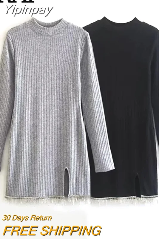 Yipinpay Rhinestone Short Dress Woman Grey Black Knit Dress Women Long Sleeve Autumn Mini Dress Elegant Party Dresses For Women Tunics Long Elegant