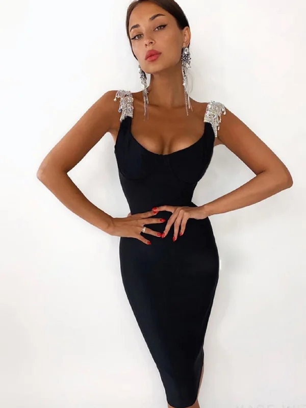 New Summer Tassels Bandage Dress Women Sexy Spaghetti Strap Fringe Midi Celebrity Runway Evening Party Dress Vestidos Tunics Corduroy durable