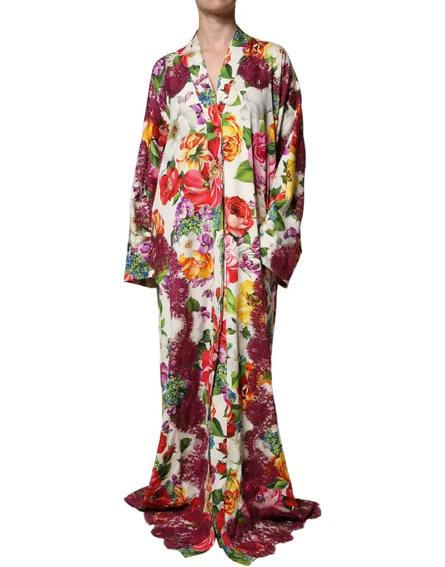 Dolce & Gabbana Multicolor Floral Lace Silk Abaya Long Sleeves Dress Tunics Cozy comfortable