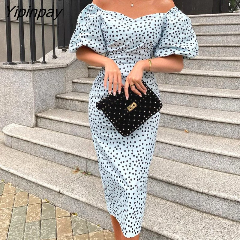 Yipinpay Women Elegant Half Lantern Sleeves Polka Dot A-line Bodycon Midi Formal Party Dress Tunics Stylish elegant