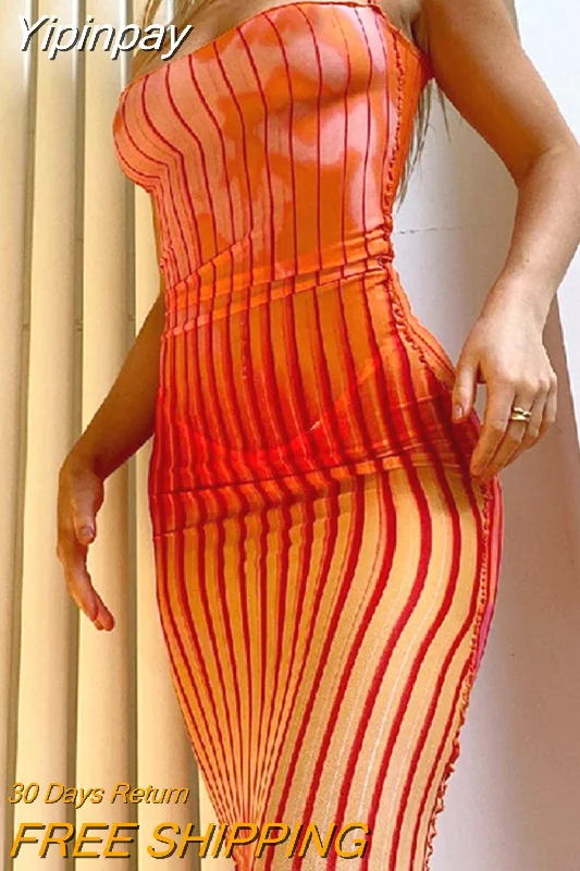 Yipinpay See-Through Striped Spaghetti Strap Bodycon Long Dress 2023 Summer Sexy Sleeveless O Neck Wrapped Sling Party Dresses Turtleneck Warm Winter