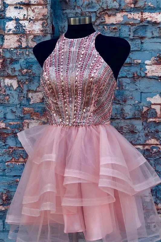 Pink Halter Beaded Short Homecoming Dress,Wedding Party Dresses Tunics Hiking breathable