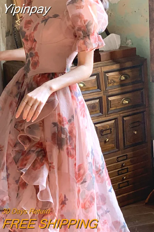 Yipinpay Elegant Evening Party Dress Woman Caual Beach Style Floral Midi Dress One Piece Dress Korean Fashion 2023 Summer Design Satin Halter Glamorous