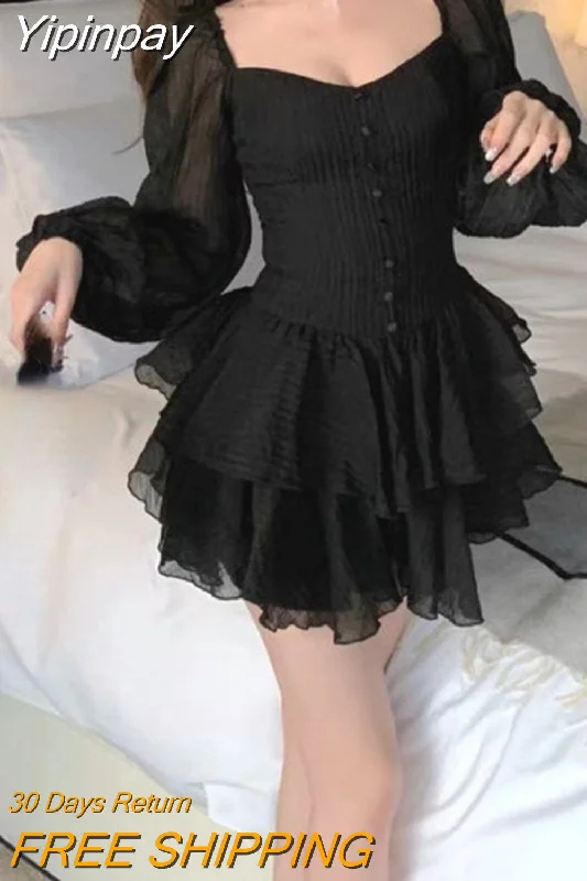 Yipinpay Y2k Mini Dress Woman Puff Sleeve Elegant Short Party Dress Casual 2023 Summer Pure Color One Piece Dress Korean Fashion Sequined Elegant Party
