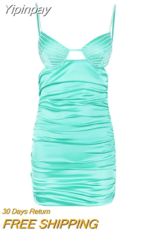 Yipinpay Quality Crystal Satin Bodycon Dress Summer Sexy Backless Dress Mini Ruched Beading Dress Birthday Prom Event Party Dress Tunics Winter warm