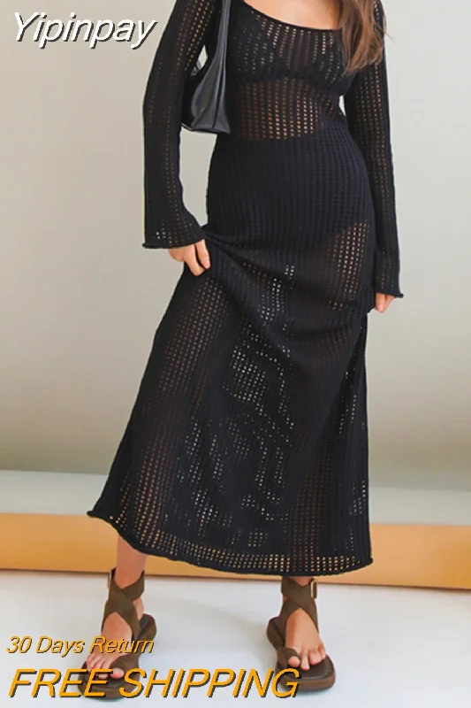 Yipinpay Fishnet Hollow Out Long Beach Dress Women Crochet Knitted Long Sleeve Wrap Party Dress Casual Club Streetwear Turtleneck Neckline Stylish